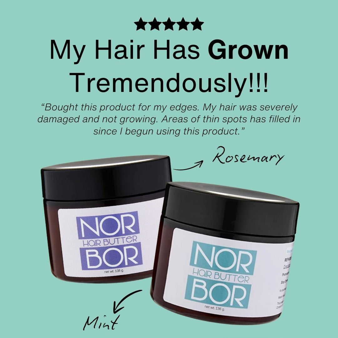 Two jars of NORBOR BEAUTY hair butter on a light blue background with customer testimonial text.