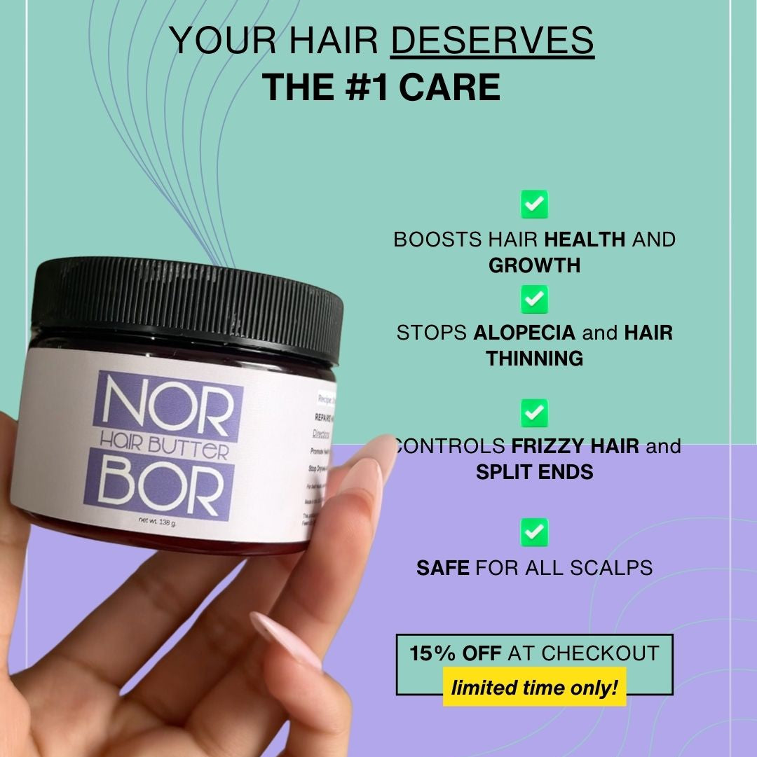 Hand holding a jar of NOR BOR hair butter with promotional text on a gradient background